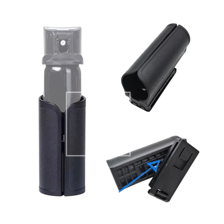 Toc/ port pentru Spray iritant lacrimogen, tip Holster, rotire la 360 grade, negru, atasare pe centura tactica sau sistem Molle