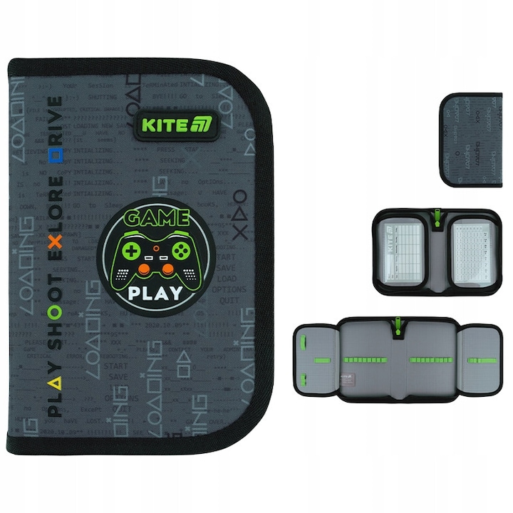 Penar scolar pliabil pentru baieti, cu doua clapete, gri, Game, Kite