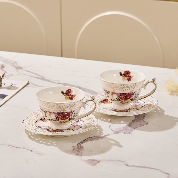 Set 2 cesti cafea cu 2 farfurioare rotunde portelan 200 ml – model floral elegant