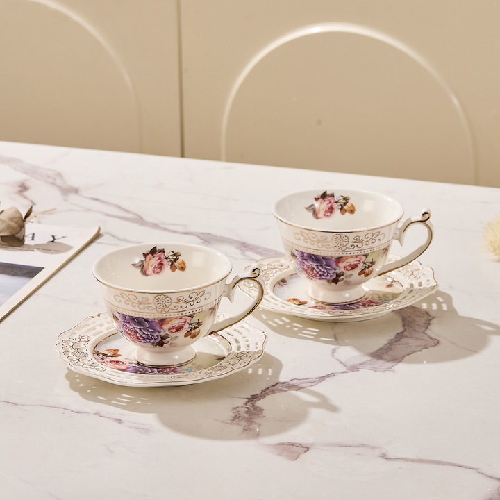 Set 2 cesti cafea cu 2 farfurioare rotunde portelan 200 ml – model floral elegant