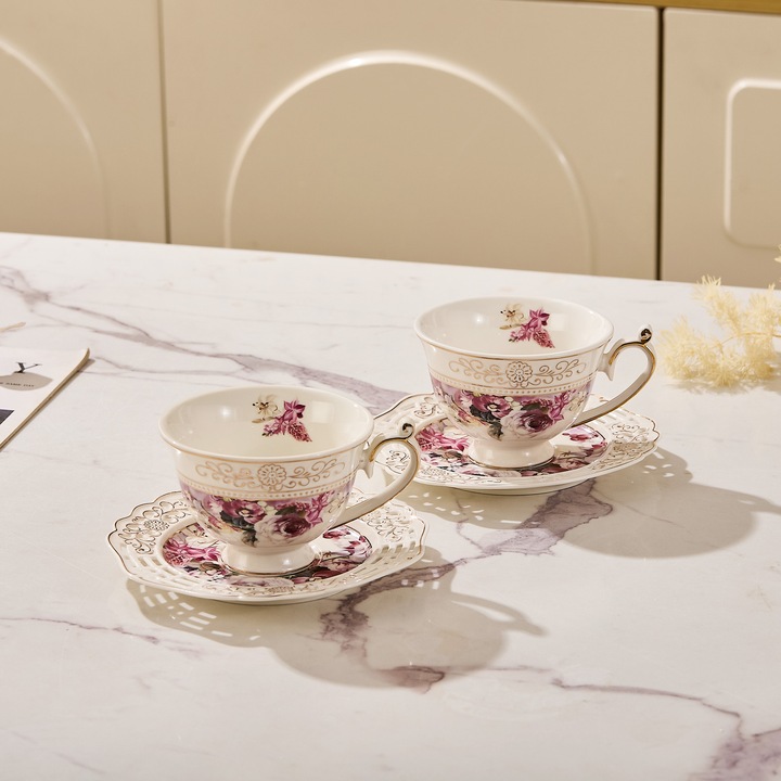 Set 2 cesti cafea cu 2 farfurioare rotunde portelan 200 ml – model floral elegant