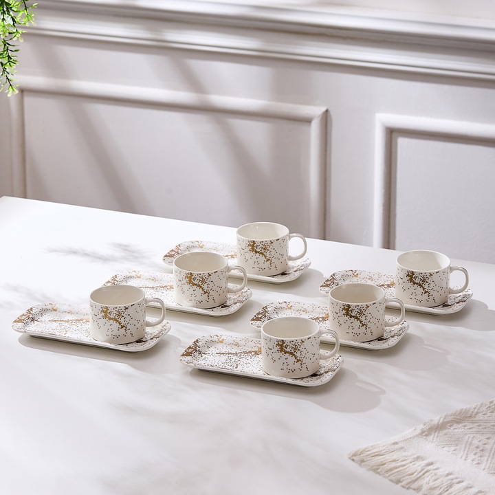 Set de 6 cesti cu 6 farfurioare platou dreptunghiular, portelan, 180 ml - Sprinkles collection