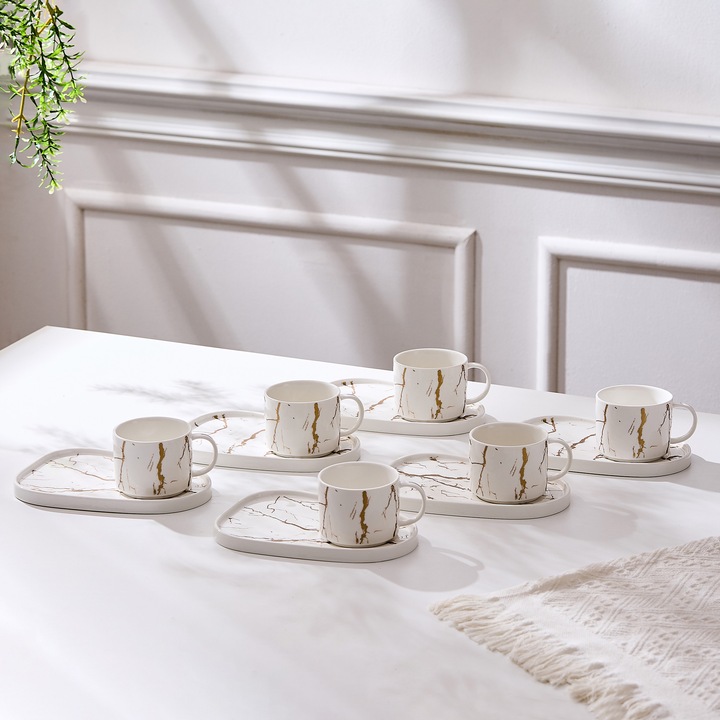 Set de 6 cesti cu 6 farfurioare platou neuniform, portelan, 220 ml - Marble collection