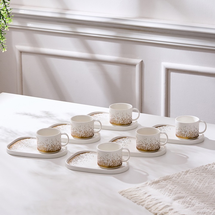 Set de 6 cesti cu 6 farfurioare platou neuniform, portelan, 220 ml - Snowing collection