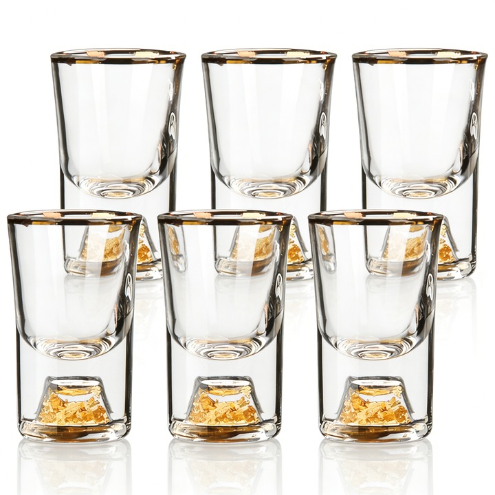 6 db 10 ml-es (0,33 oz) feles pohár szett, BOMSTOM, 24K aranypehellyel díszített kristály feles pohár szett, Feles poharak whiskyhez, tequilához, vodkához, Mini feles pohár tökéletes partikra, bárba, klubba, 3,5X3CM, arany