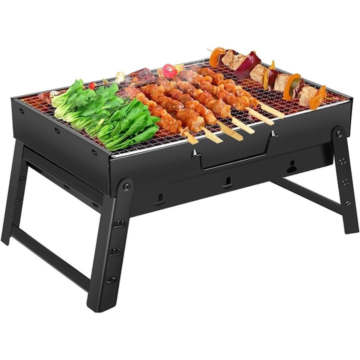 Gratar de carbune portabil pliabil pentru camping, calatorie, picnic in aer liber, dimensiuni mici (Negru-Mic)