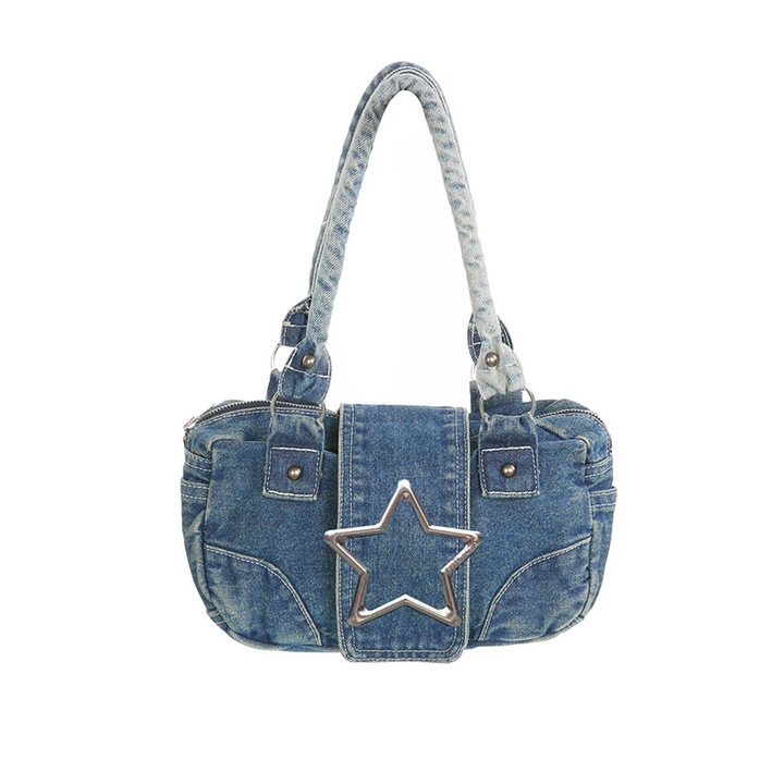 Geanta denim retro cu stea metalica, albastra, 29x9x14cm