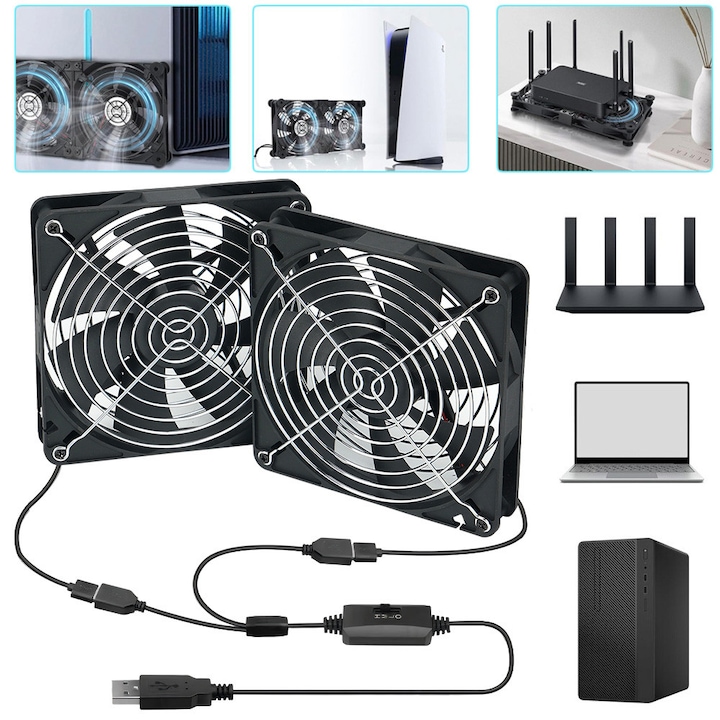 Ventilator USB Dual 140 mm, Ventilator PC USB 2 In 1 Cu 3 Viteze Reglabile, Ventilator Carcasa Silentioasa, Ventilator De Racire Electronica USB, Pentru Consola De Jocuri PC, Laptop, TV Box, Router