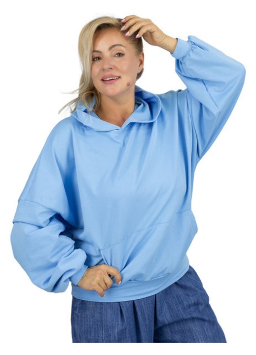 Bluza dama oversize tip kangaroo streetwear cu gluga, buzunar frontal, 95% bumbac, stil casual, culoare albastru – Agrafka unisize