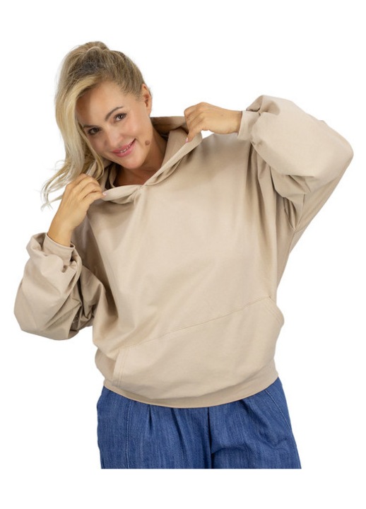 Bluza dama oversize tip kangaroo streetwear cu gluga, buzunar frontal, 95% bumbac, stil casual, culoare bej – Agrafka unisize