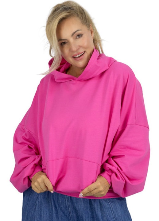 Bluza dama oversize tip kangaroo streetwear cu gluga, buzunar frontal, 95% bumbac, stil casual, culoare roz fucsia-Agrafka unisize
