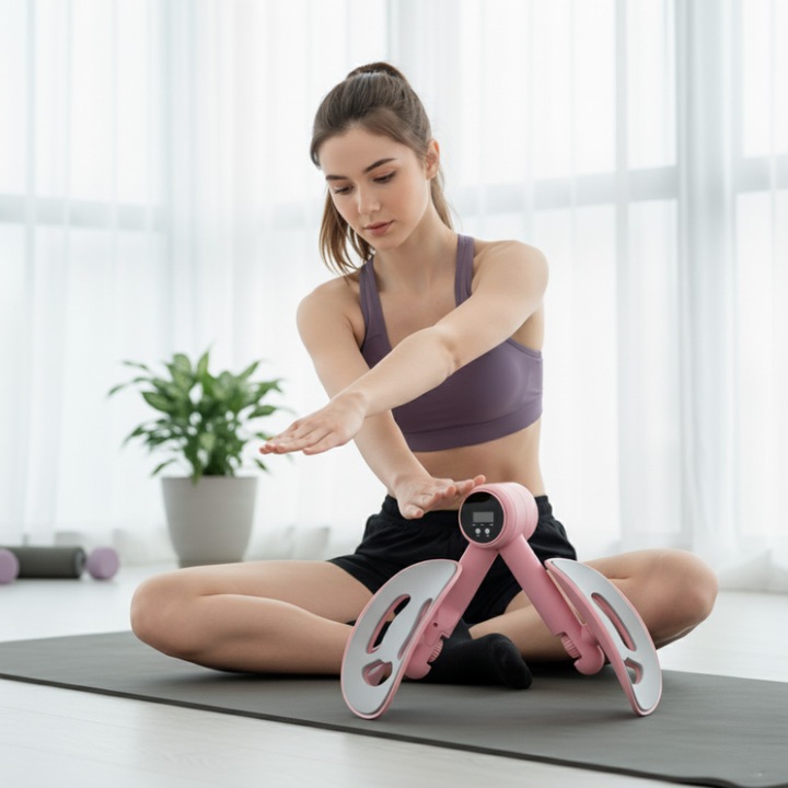 Дамски тренажор за домашен фитнес, LCD дисплей, 360° въртене, Батерия тип копче - без кабел, Стоманена пружина, 30 x 25 сантиметра, Розов