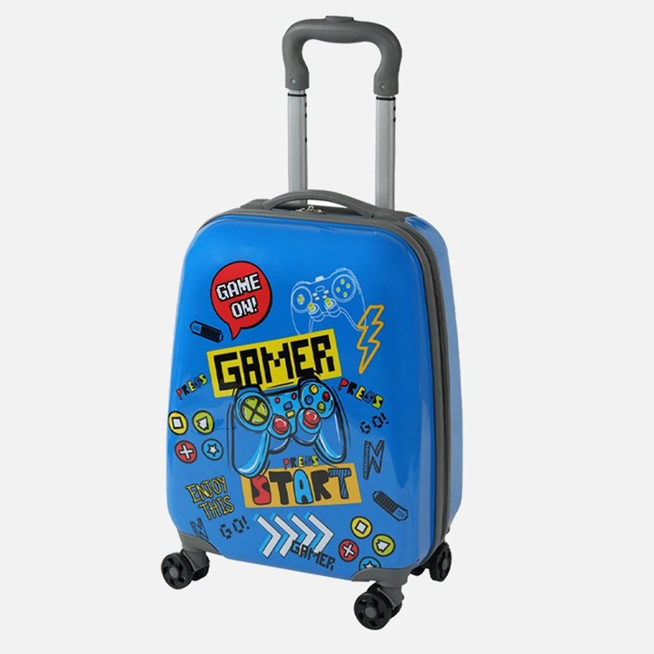 Детски куфар, ABS съполимер, До 8 кг, Дръжка, 4 двойни въртящи се колелца, 22 литра, Компактен, 32x21x47 см, Многоцветен