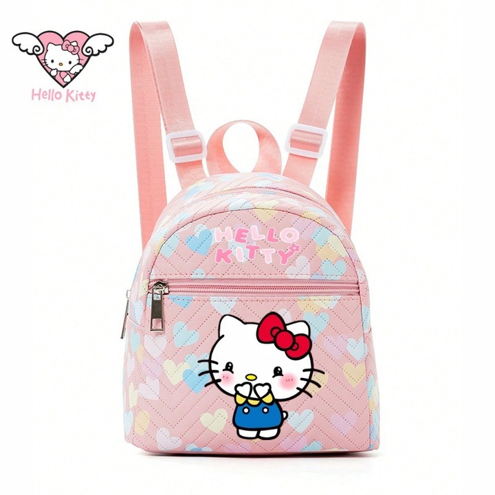 Ghiozdan pentru fete, Model Hello Kitty, versatil, material PU, roz, 18x19x10cm