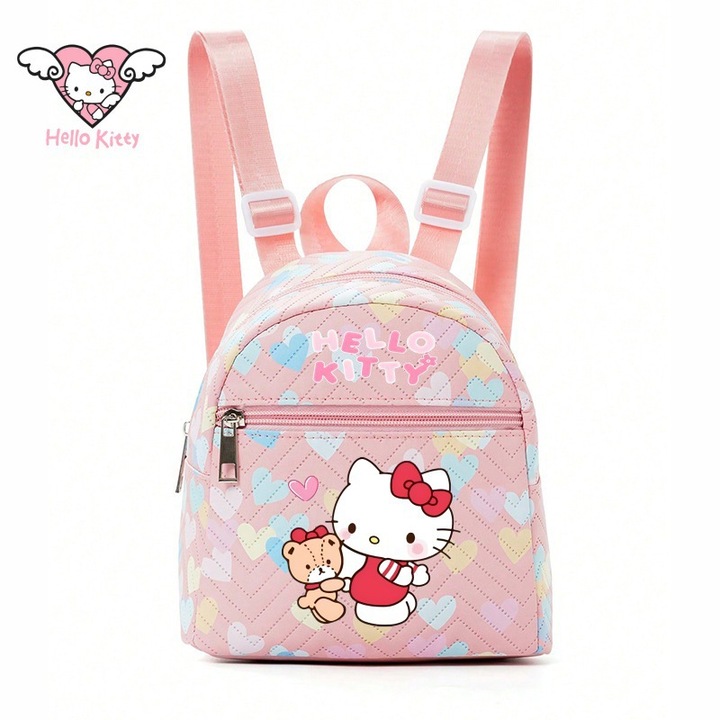 Hello Kitty lány hátizsák, sokoldalú, PU anyag, 18x19x10cm, rózsaszín szívecskékkel