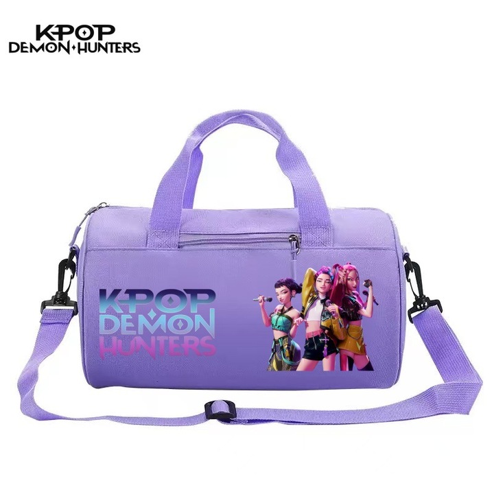 Geanta sport cilindrica KPOP Witcher Girls, imprimeu desen animat, 32x19cm, mov