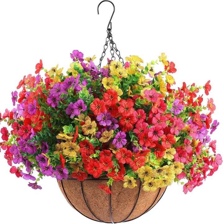 Cos suspendat cu flori artificiale, aranjament floral, multicolor