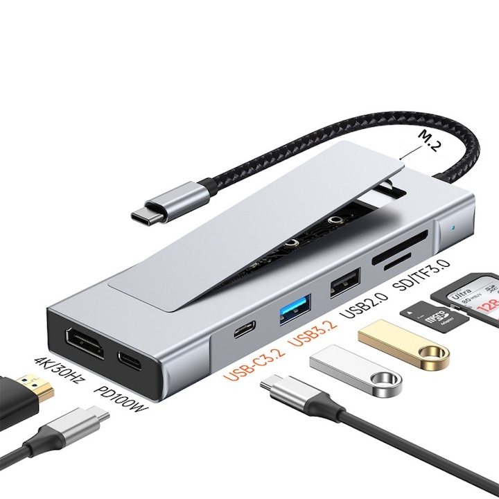 Dock de extindere, dual protocol NVMe/NGFF, HDMI/2xUSB 2.0/SD/TF/M.2, compatibilitate extinsa, plug-and-play, argintiu