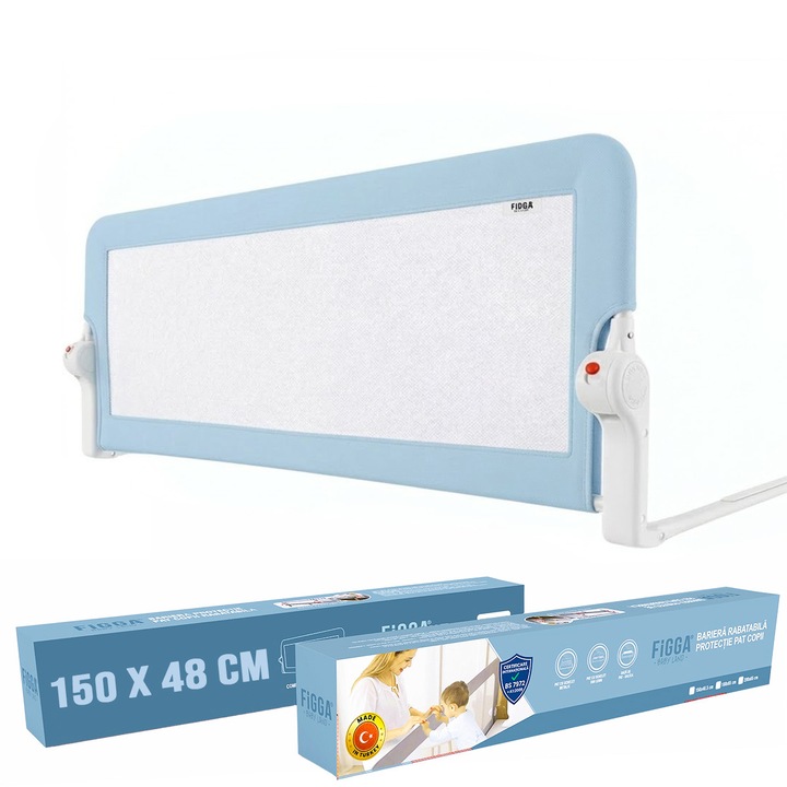 Protectie pat copii FiGGA®, 150 x 48 cm, bariera laterala margine pat, rabatabila, Albastru