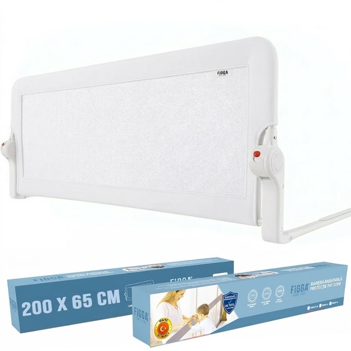 Protectie pat copii FiGGA®, 200 x 65 cm, bariera laterala margine pat, Rabatabila, Alb