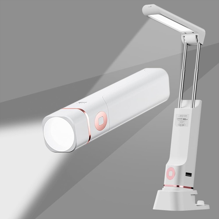 ZJZ 2 az 1-ben LED asztali lámpa és zseblámpa, hordozható és összecsukható, 3 üzemmód, rejtett kihúzható kialakítás, telefontartó, 3000 mAh, USB töltés, irodába, hálószobába vagy kempingezéshez, Fehér