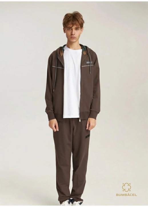 Trening din bumbac, cu pantaloni lungi si hanorac cu gluga si fermoar, pentru barbati, Maro