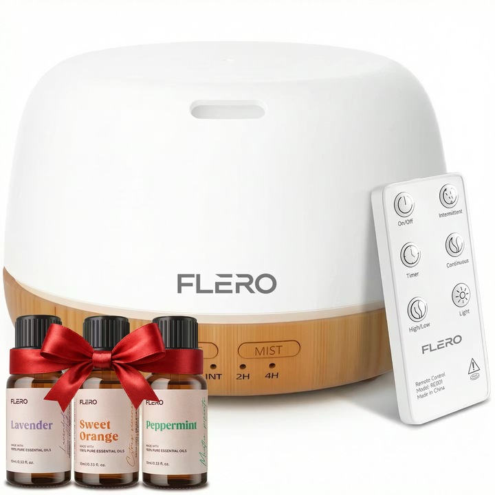 Difuzor Aromaterapie FLERO® Essence pentru Uleiuri Esentiale, Wellness, Umidificator cu Ultrasunete, Lavender, Orange, Pappermint, 300 ml, Timer, 7 Culori LED, Casa, Birou, Dormitor, Living, Yoga, Telecomanda, Inchidere Automata, Lemn Deschis