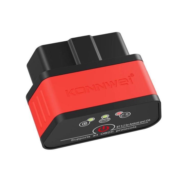 OBD2 автомобилна диагностика KONNWEI KW903, Bluetooth 5.2, бутон ON-OFF, съвместим с OBD-II, за iOS и Android, черен/червен