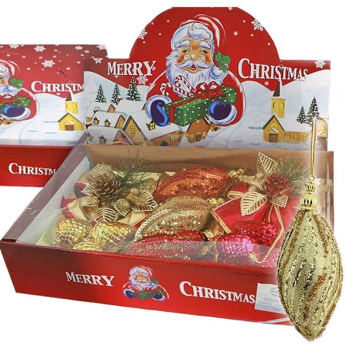 Set 5 globuri de Craciun SAGRADO, aurii si rosii, cu decoratiuni colorate