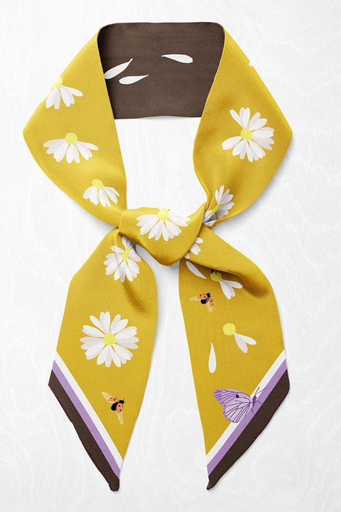 ROZMARIN CONCEPT, Esarfa de matase cu model floral, Lila, Alb optic, Galben mustar