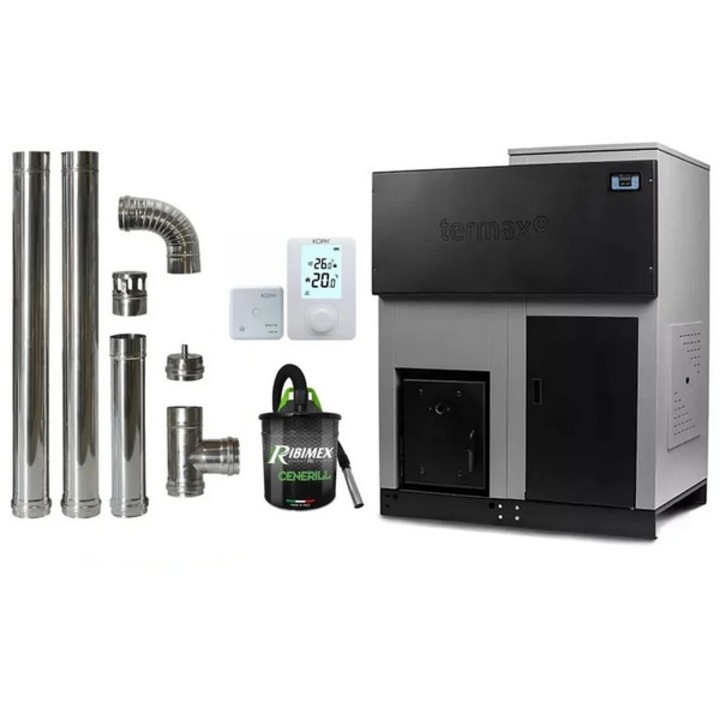 Pachet economic, Centrala cu peleti Termax ECO GRI 35 kW, 220 mp, buncar peleti 130 kg, volum apa 95 litri, diametru cos fum ⌀80 mm + Termostat ambiental KOPH 303RF + Aspirator cenusa 1000W + Cos fum inox de interior ⌀80 mm