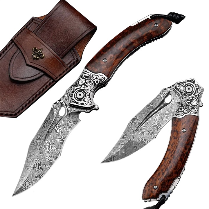 Cutit de vanatoare pliabil din otel damasc HARAHU RA-35386 - Maro / Tip2