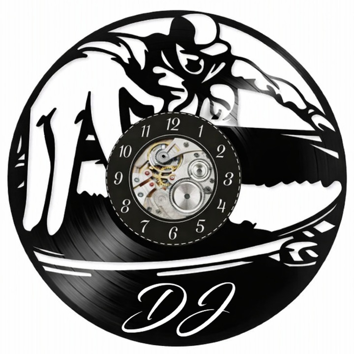 Dekoratív falióra - DJ Night Mix - Pick-up, fejhallgató és hanghullámok design - vinyl lemezből készült, fekete, 30 cm