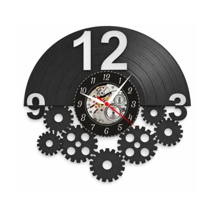 Dekoratív falióra - Ipari Fogaskerekek - Steampunk Design Fogaskerekekkel és Fogazott Kerekekkel - bakelitlemezből (Vinyl Record) készült, Fekete