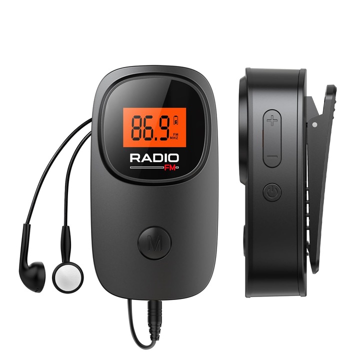 OUYLAF hordozható FM rádió, 76-108 MHZ, fejhallgatóval, csíptetős kialakítás, LCD kijelző, kompakt, 3.5 mm AUX, multifunkcionális, kocogáshoz, kerékpározáshoz, fekete
