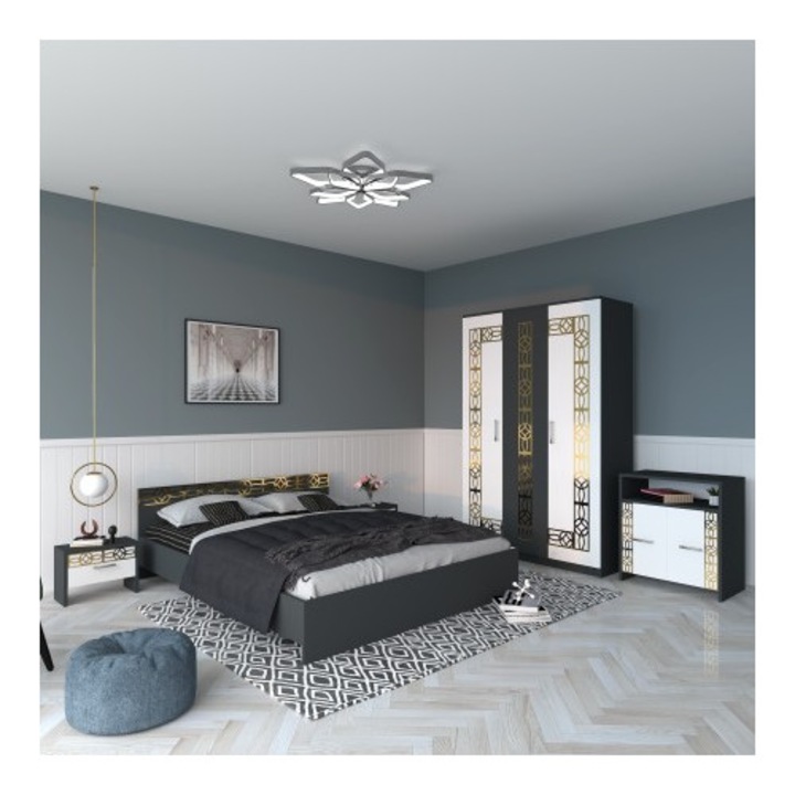 Set dormitor CELA, gri, pat 160x200, dulap, noptieră, comodă