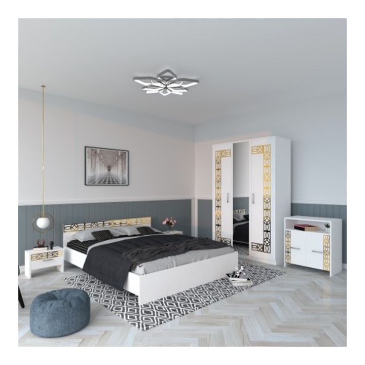 Set dormitor CELA alb, cu pat 120x200, dulap, noptieră și comodă