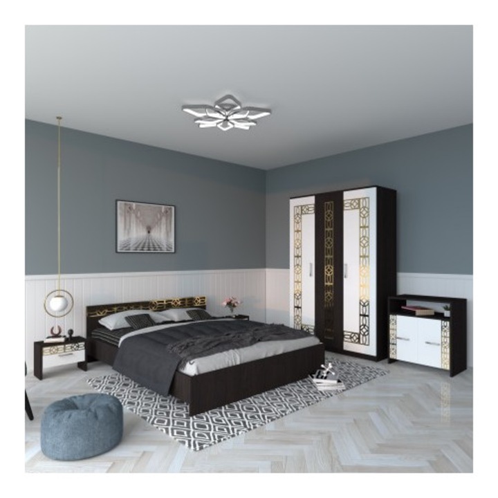 Set dormitor CELA Wenge, pat 120x200, dulap 124x187x50cm, noptieră, comodă