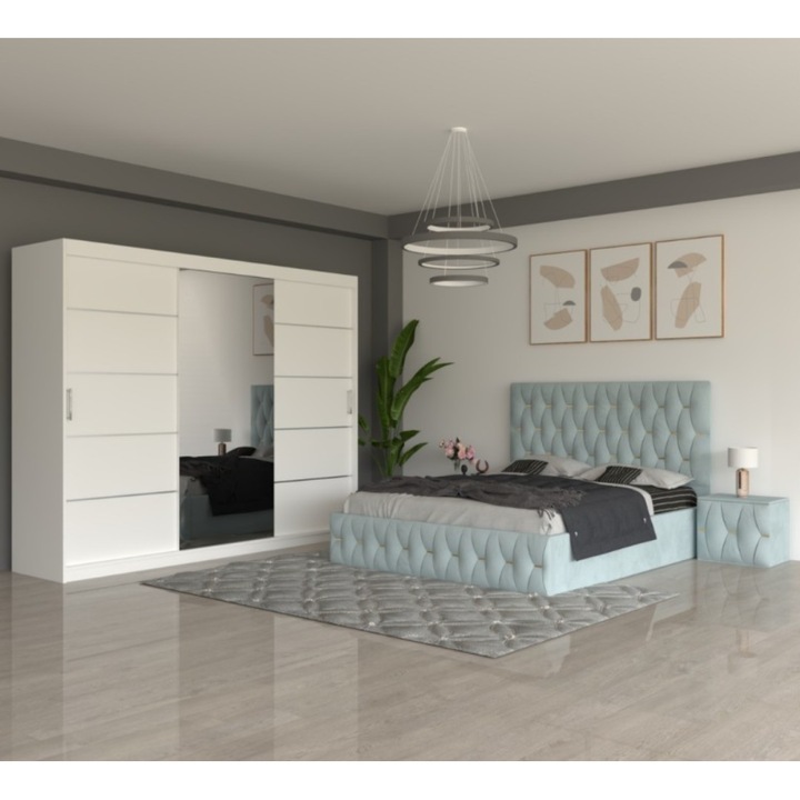 Set dormitor CELA Eric, pat 180x200, noptiere tapitate, dulap alb 250cm, culoare lemon green