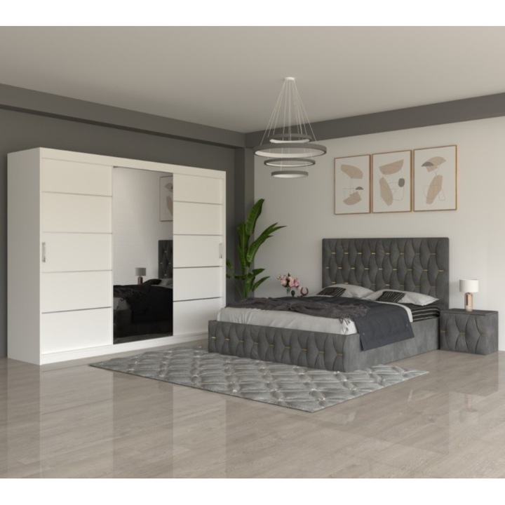 Set dormitor CELA Eric, pat 140x200, noptiere tapitate, dulap alb 250cm, gri