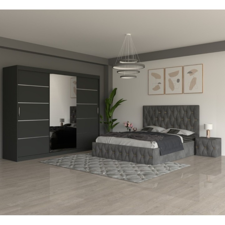 Set dormitor CELA, Pat gri 180x200, Noptiere tapitate, Dulap gri 250cm