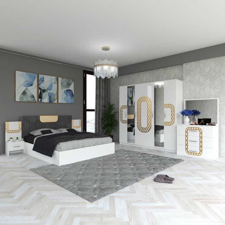 Set dormitor CELA, alb, 160x200cm, cu pat, dulap, noptieră, comodă