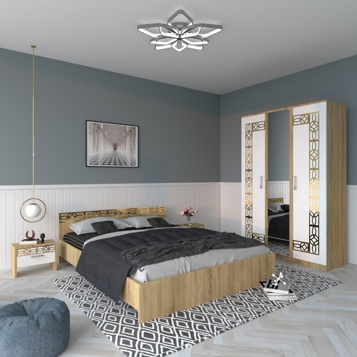 Set dormitor CELA EVA SONOMA, pat 120x200cm, dulap 124x187x50cm, noptieră 48x32x35cm, culoare stejar sonoma