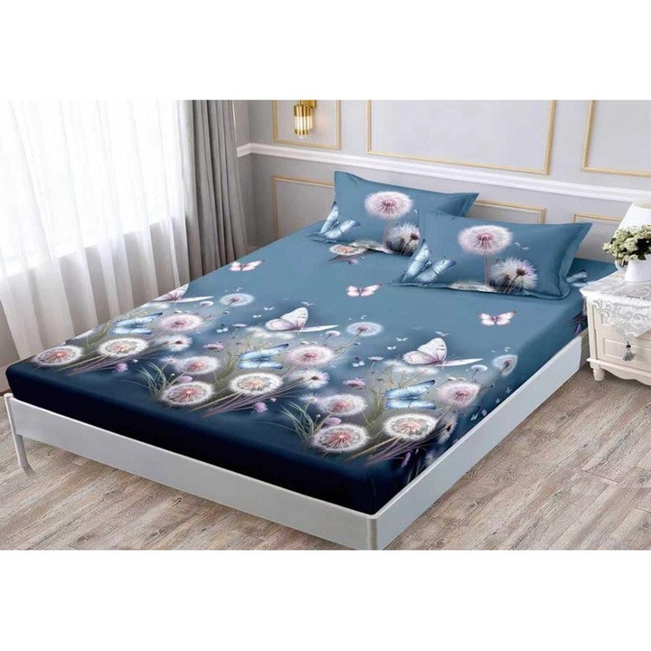 Set husă finet cu elastic pentru pat dublu, 3 piese, 180x200cm, 2 fețe pernă, bumbac ranforce