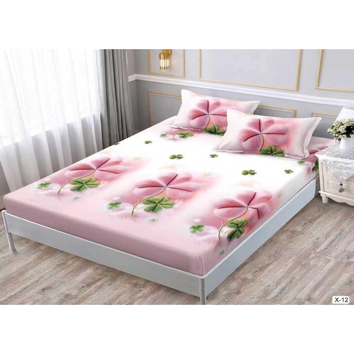 Set husă finet cu elastic pentru pat dublu, 2 fețe de pernă, 180x200cm, bumbac ranforce