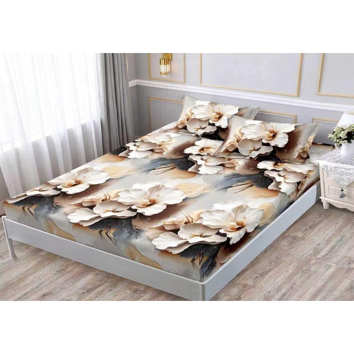 Set husă finet cu elastic pentru pat dublu, 2 fețe pernă, 180x200cm, multicolor