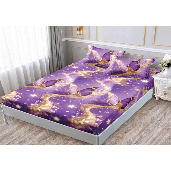 Set husă finet cu elastic pentru pat dublu, 2 fețe de pernă, 180x200cm, bumbac ranforce