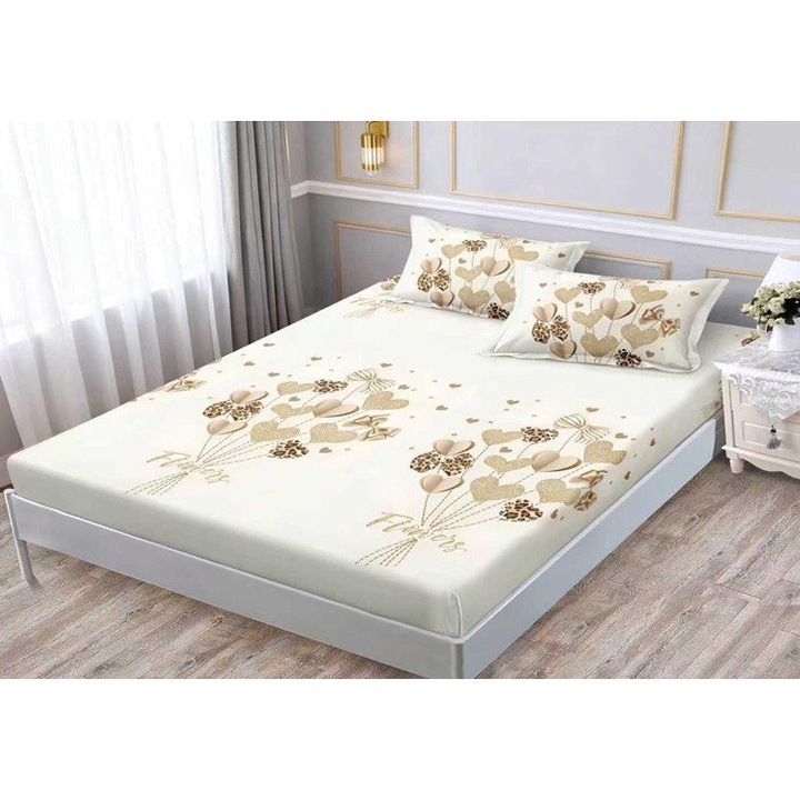 Set husă finet cu elastic pentru pat dublu 180x200 cm, 2 fețe de pernă, multicolor, 3 piese