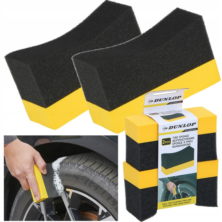 Gumiabroncs applikátor szivacs, Dunlop, 2 darab, 10x4x6cm, egyenletes felvitel nyomok nélkül, ergonomikus kialakítás, dupla réteg, professzionális kerékfény