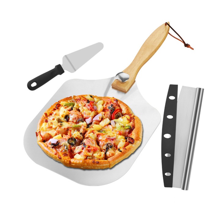 Pizza szett, AFKSMILE, Félkör alakú vágóval és pizzaspatulával, Összecsukható kialakítás, Robusztus és tartós, Alumínium lapát 60.5x30.5x4cm, Kiváló minőségű acél